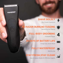 Load image into Gallery viewer, MANSPOT Manscape Groin & Body Hair Trimmer for Men, Electric Ball Pubic Trimmer Shaver,Manscape Kit with 4 Guard,Replaceable Ceramic Blade Heads,Waterproof Wet/Dry Shaver,90 Minutes Shaving, Black