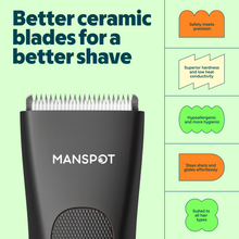 Load image into Gallery viewer, MANSPOT Manscape Groin & Body Hair Trimmer for Men, Electric Ball Pubic Trimmer Shaver,Manscape Kit with 4 Guard,Replaceable Ceramic Blade Heads,Waterproof Wet/Dry Shaver,90 Minutes Shaving
